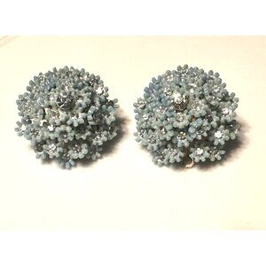 MCM CLUSTER FLORAL BLUE RHINESTONE & LUCITE PLASTIC BEAD DOMED CLIP ON EARRINGS